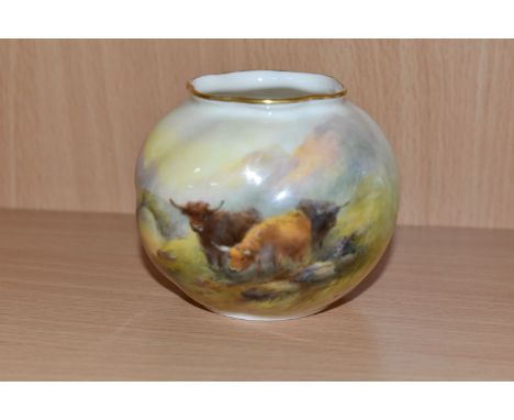 A ROYAL WORCESTER POSY VASE, decorated with Highland cattle, signed H. Stinton, shape No. G161, puce backstamp (1) (Condition