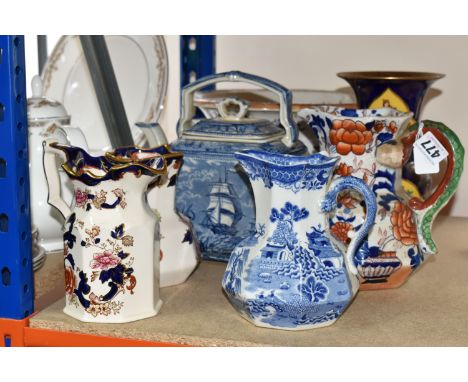 A COLLECTION OF SEVEN MASON'S CERAMIC VESSELS OF VARYING PATTERNS, including an 'American Marine' teapot, two 'Mandalay' jugs