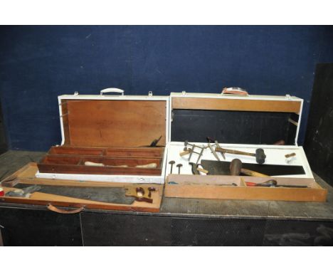 TWO WOODEN CARPENTERS TOOLBOXES CONTAINING TOOLS including a boxed saw, toolmakers clamps, files, saws, a hand drill, etc
