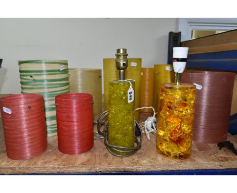 A GROUP OF TABLE LAMPS AND VINTAGE LAMPSHADES, to include a yellow-green Shatterline table lamp base, height 26.5cm, eight vi