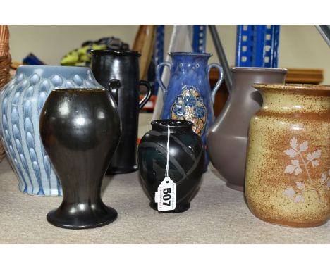 SEVEN ART / STUIDO POTTERY VASES, ETC, including a Pilkington's Royal Lancastrian baluster streaked blue / grey glaze vase, i