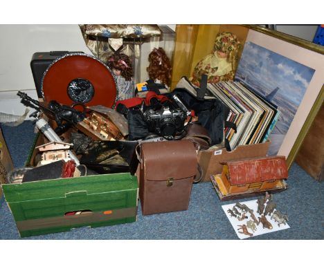 TWO BOXES AND LOOSE MISCELLANEOUS SUNDRIES, to include a  spelter bust, copper kettle, a children's painted wood Noah's Ark p