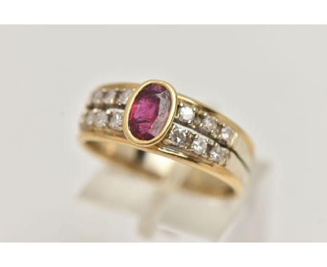 A RUBY AND DIAMOND RING, designed as an oval cut ruby in a collet setting, flanked by two rows of six single cut diamonds in 