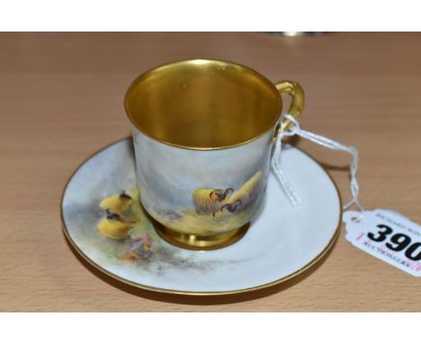 A ROYAL WORCESTER PORCELAIN CABINET CUP AND SAUCER, hand painted depicting Moorland sheep by James Stinton, both cup and sauc