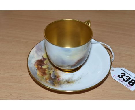 A ROYAL WORCESTER CABINET CUP AND SAUCER BY HARRY STINTON, painted with Highland cattle, each piece signed H. Stinton, gilt i