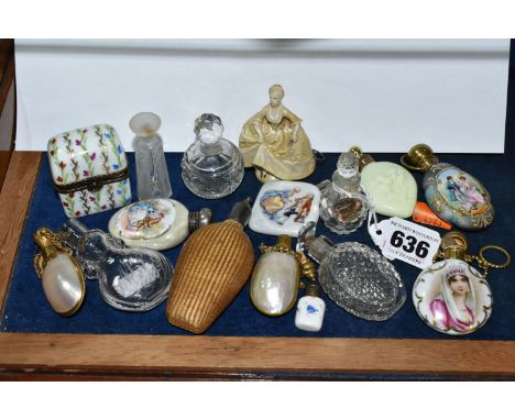 A COLLECTION OF FOURTEEN GLASS, CERAMIC AND MOTHER OF PEARL SCENT FLASKS AND A MODERN LIMOGES BOX CONTAINING TWO MINIATURE GL