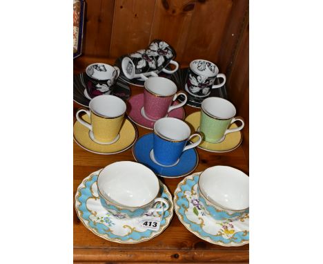 A GROUP OF COFFEE CUPS AND TWO ROYAL WORCESTER 'PRIMULA' TEA CUPS AND SAUCERS, comprising a set of four coffee cups and four 