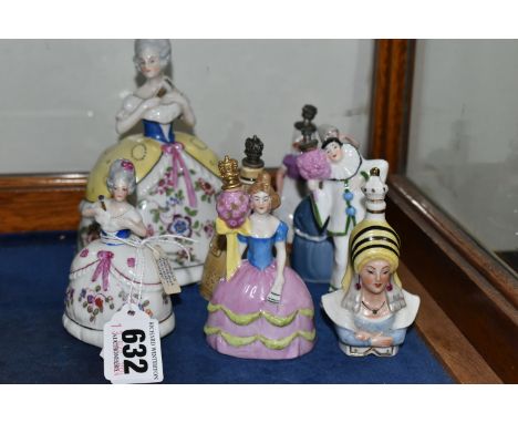 EIGHT 20TH CENTURY PORCELAIN FIGURAL SCENT BOTTLES, comprising of miniature Goebel example approximately 8cm in height, a lar