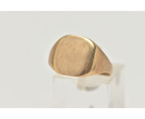 A GENTS 9CT GOLD POLISHED SIGNET RING, of a square form, polished band, hallmarked 9ct Birmingham, ring size Q, approximate g