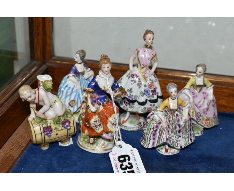 SIX 19TH AND 20TH CENTURY FIGURAL PORCELAIN SCENT BOTTLES, comprising Sitzendorf example of a female figure with her hands on
