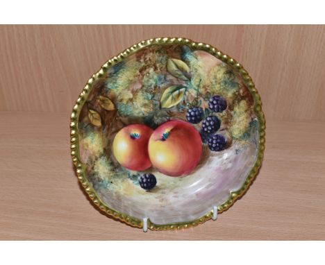 A ROYAL WORCESTER FALLEN FRUIT HAND PAINTED TEA PLATE, painted with fallen apples and blackberries on a naturalistic ground, 