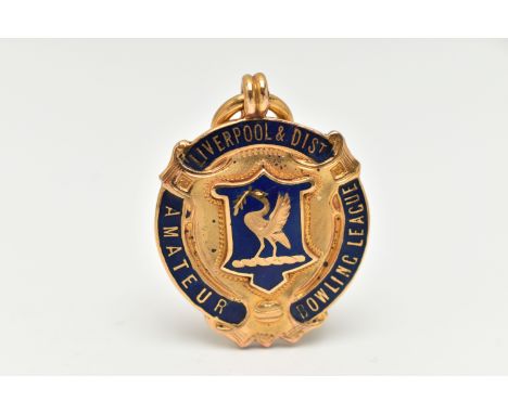 A 9CT GOLD ENAMEL FOB MEDAL, circular form with blue enamel detail, inscribed 'Liverpool &amp; Dist, Amateur Bowling League',