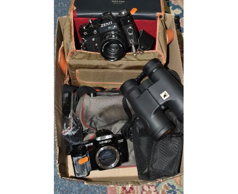 CAMERAS AND BINOCULARS ETC, comprising a Minolta Dynax 5000i SLR camera body, Zenit 11 35mm film SLR camera fitted with a Hel