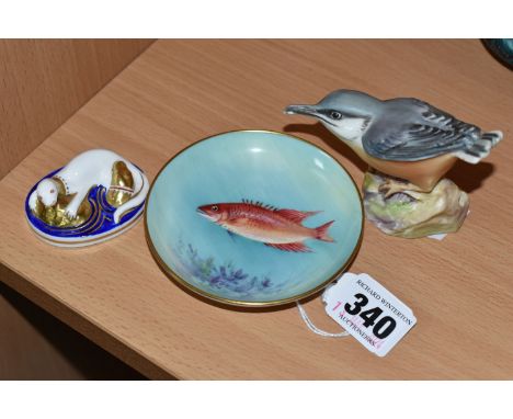 THREE PIECES OF ROYAL WORCESTER PORCELAIN, comprising a 'Spanish Hog' pin dish painted with the fish, signed 'P. Platt', grey