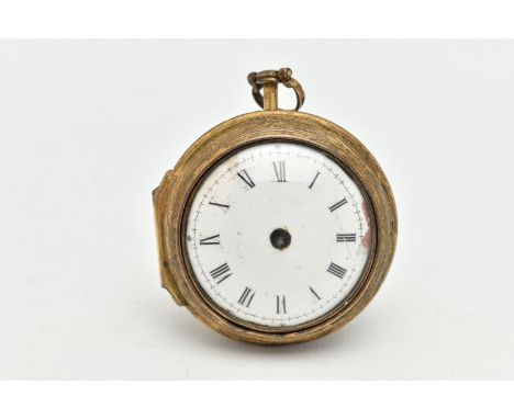 A GILT METAL PAIR CASE, OPEN FACE POCKET WATCH, key wound, round white dial, Roman numerals, missing hands, movement signed '