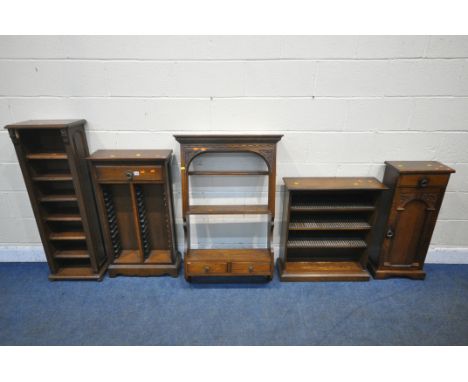 A SELECTION OF LATE 20TH CENTURY OAK OCCASIONAL FURNITURE, INCLUDING two cd racks, a wall hanging shelf system, an open shelv