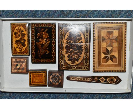 A COLLECTION OF TUNBRIDGEWARE, comprising three parquetry inlaid calling card cases, two are decorated with a floral design, 