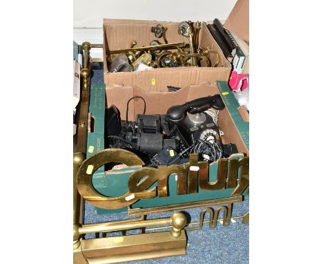 TWO BOXES OF METALWARE AND SUNDRIES, including brass wall lights, door furnishings, Century 21 sign, heavy brass fire fender,