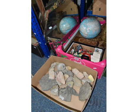 TWO BOXES OF SUNDRIES INCLUDING A LARGE COLLECTION OF CORINTHIAN FOOTBALL FIGURES, FOSSILS AND STONES, a well-loved teddy bea