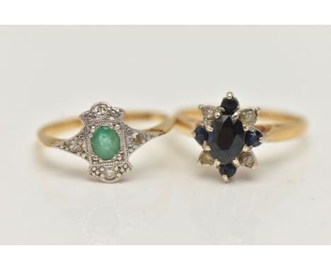 TWO GEM SET RINGS, the first an 18ct gold sapphire and diamond cluster ring, 18ct hallmark partially distorted, ring size G 1