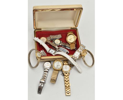 A SMALL BOX OF ASSORTED WRISTWATCHES, to include a ladies 'Tissot' quartz, round mother of pearl dial, gold tone case with st