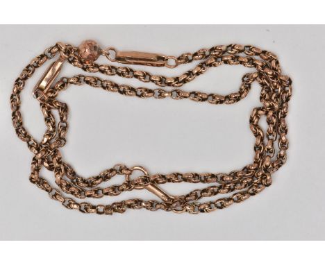 A ROSE METAL BELCHER CHAIN, fitted with a faceted ball pendant flanked with polished bars, 9ct tag fitted to one link, fish h