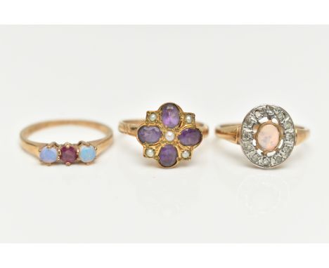 THREE 9CT GOLD GEM SET RINGS, to include an opal cabochon and single cut diamond cluster ring, an amethyst and split pearl dr