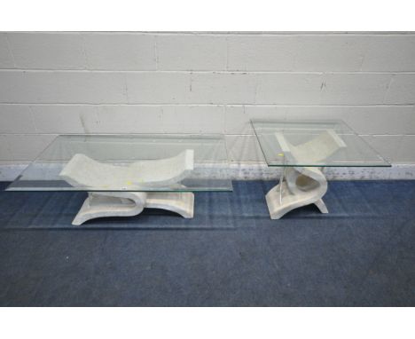 A STONE EFFECT COFFEE TABLE, with a rectangular bevelled glass top, length 120cm x depth 70cm x height 40cm, along with a mat