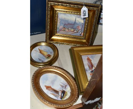 FOUR HAND PAINTED PORCELAIN PLAQUES, comprising a Francis Clark plaque depicting a 19th Century scene of Birmingham's Bull Ri