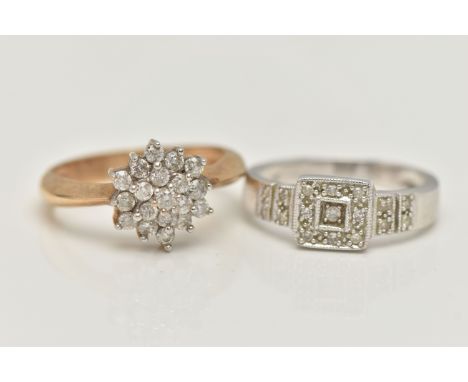 TWO 9CT GOLD DIAMOND RINGS, the first a white gold square form diamond cluster ring, hallmarked 9ct Sheffield, ring size L, t