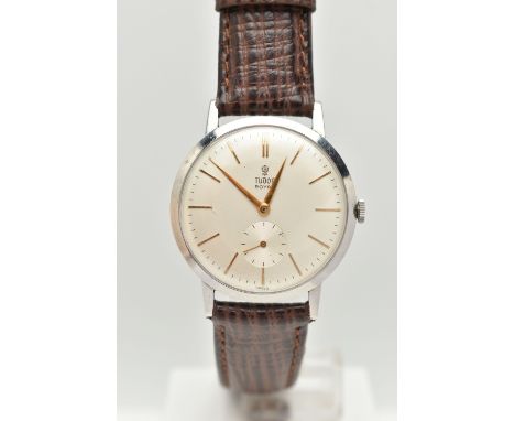 A GENTS 'TUDOR ROYAL' WRISTWATCH, manual wind, round silvered dial signed 'Tudor Royal', baton markers, subsidiary dial at th