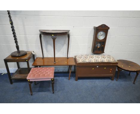 A SELECTION OF 20TH CENTURY OCCASIONAL FURNITURE, to include a brown painted ottoman, a coffee table, a demi-lune side table,