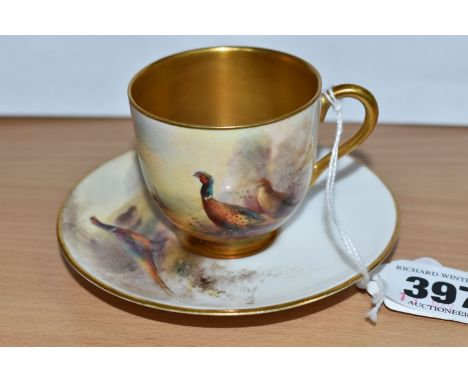 A ROYAL WORCESTER CABINET CUP AND SAUCER, signed by James Stinton, date cypher 1912, decorated with pheasants, saucer diamete