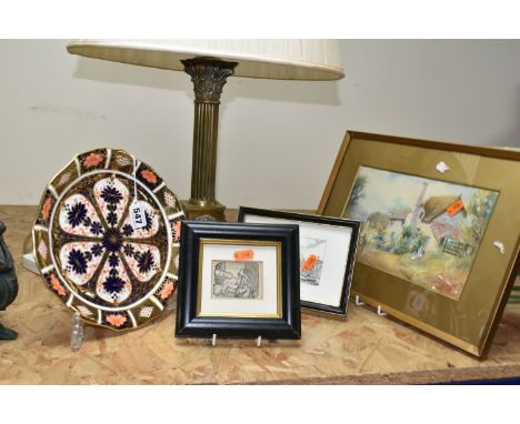 A ROYAL CROWN DERBY IMARI 1128 PLATE, A TABLE LAMP AND THREE PICTURES, comprising the wavy rimmed Royal Crown Derby Imari pla