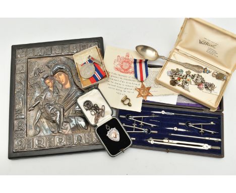 ASSORTED ITEMS, to include a cased 'International Correspondence Schools London, British Made' drawing set, a religious frame