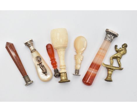 A SELECTION OF SEVEN SEALS, an agate handled silver seal with monogram detail, hallmarked 'Matthew Wilcox &amp; Son' Birmingh