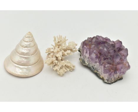 THREE NATURAL SPECIMENS, to include an amethyst crystal specimen, a white coral specimen and a mother of pearl conical shell 