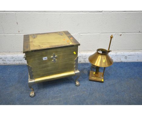 A GEORGIAN STYLE BRASS COAL BOX, on padded feet, width 46cm x depth 37cm x height 45cm, and a column table lamp with shade (c