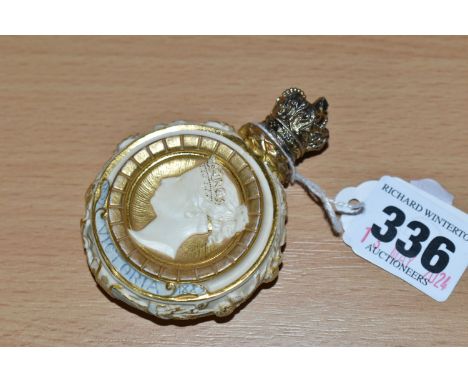 A ROYAL WORCESTER BLUSH IVORY COMMEMORATIVE SCENT BOTTLE, produced to mark Queen Victoria's Golden Jubilee in 1887, one side 