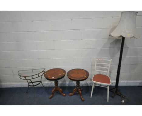 A SELECTION OF OCCASIONAL TABLES, to include a pair of Italian wine tables, painted chair and a standard lamp (condition repo