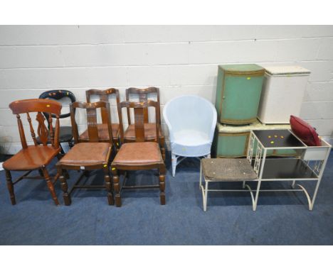 A SET OF FOUR 20TH CENTURY OAK DINING CHAIRS, three other chairs, a green painted ottoman, a green painted cupboard, a white 