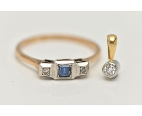 A YELLOW METAL SAPPHIRE AND DIAMOND RING, AND A DIAMOND PENDANT, the three stone ring, set with a central square cut deep blu