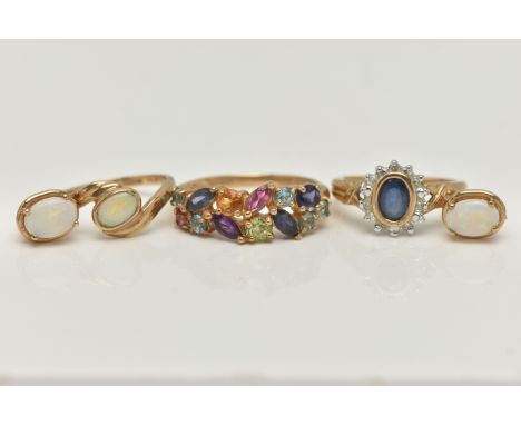 AN ASSORTMENT OF GEM SET JEWELLERY, to include a 9ct yellow gold multi gem set cluster ring, hallmarked 9ct Sheffield, ring s