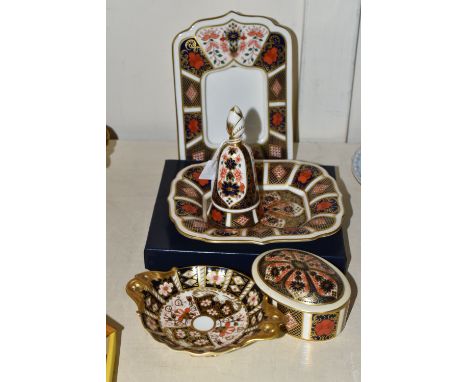 FIVE PIECES OF ROYAL CROWN DERBY IMARI, comprising four pieces of 1128 ' Old Imari' in the form of a table bell, a shaped rec