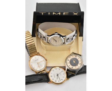 FOUR WRISTWATCHES, to include a gents gold plated, manual wind 'Relide' watch fitted with a stretch link bracelet, a gents go
