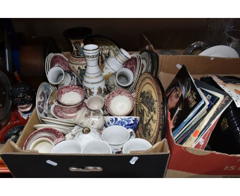 THREE BOXES AND LOOSE CERAMICS, GLASSWARE AND SUNDRIES, to include four Charles and Diana 1981 commemorative coins, seven 197