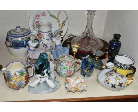 A SMALL SELECTION OF DECORATIVE CERAMICS AND GLASS ETC, to include three Nao sculptures - a group of three geese, a Girl hold