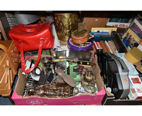 SIX BOXES AND LOOSE METALWARE, EPHEMERA AND SUNDRY ITEMS, to include a sewing box with contents, a Kenwood food processor, an