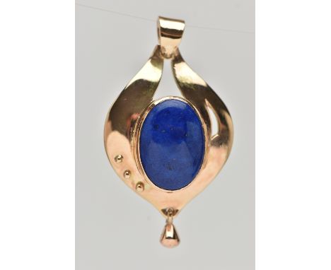 A 9CT GOLD LAPIS LAZULI PENDANT, tear drop shape pendant, set with a central oval lapis lazuli cabochon, collet set, polished