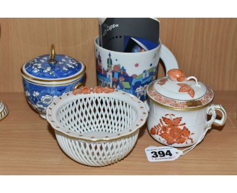 A GROUP OF NAMED CERAMICS, comprising a Herend cabinet chocolate cup and cover and potpourri dish, blue printed and painted m